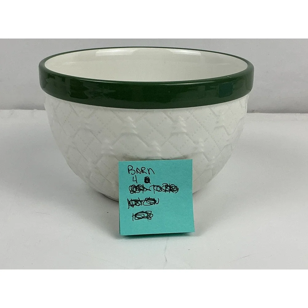 4 White Ceramic Mixing‎ Bowl Green Rim Embossed Christmas Trees Quilted Pattern